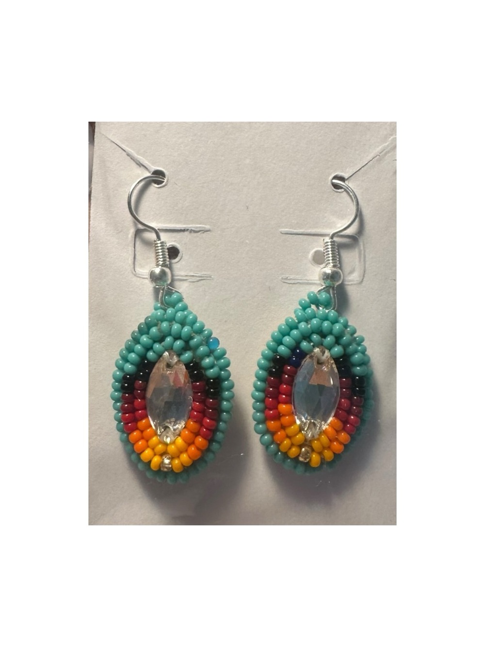 Handmade Turquoise Seed Bead Teardrop Earrings with Crystal Accent